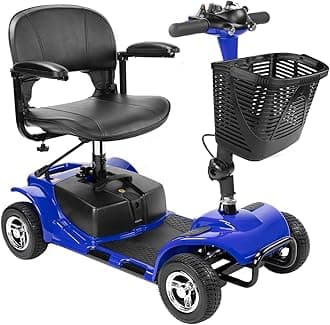 4 Wheel Mobility Scooters for Adults，Collapsible Compact Electric Scooter，Heavy Duty Powered Mobile Wheelchair Device with Lights，Basket and Long-Lasting Battery（Blue）