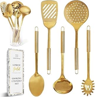 Gold/Brass Cooking Utensils for Modern Kitchen - 5 PCS Stainless Steel Set: Serving Spoon, Soup Ladle, Pasta Fork, Spatula, Skimmer
