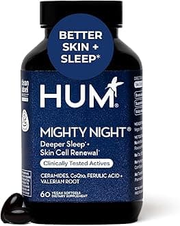 HUM Mighty Night Nighttime Sleep Supplement for Skin Care, CoQ10, Valerian Root & Ferulic Acid to Support Cell Turnover, Skin Vitamins for Women and Men, Overnight Beauty Vitamins, 60 Vegan Softgels