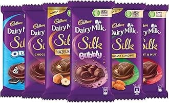 Cadbury Dairy Milk Silk Large Chocolates Combo(1 X Silk Plain 150G,1 X Silk Oreo 130G,1 X Silk Bubbly 120G,1 X Silk Roast Almond 143G,1 X Silk Fruit And Nut 137G And 1 X Silk Hazelnut 143G),823 Grams