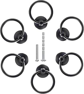 6Pcs Round Ring Drawer Pulls Matte Black Ring Handle Knobs for Cabinet Drawer Dresser Cupboard Wardrobe, Single Hole