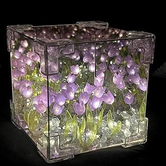 Handmade DIY Tulip Night Lamp, Cube Mirror Bedroom Tulip Night Lamp, 20 Flower Table Lamp and Mirror 2 in 1, Birthday Gifts for Women and Girls (Purple Tulips)