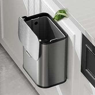 MRBIN Kitchen Stainless Steel Compost Bin with Lid Countertop, 6l / 1.6gal Small Indoor Hanging Trash Can for Cabinet Door, Small Under Sink Food Scraps Garbage Pail, Eclipse-Grey