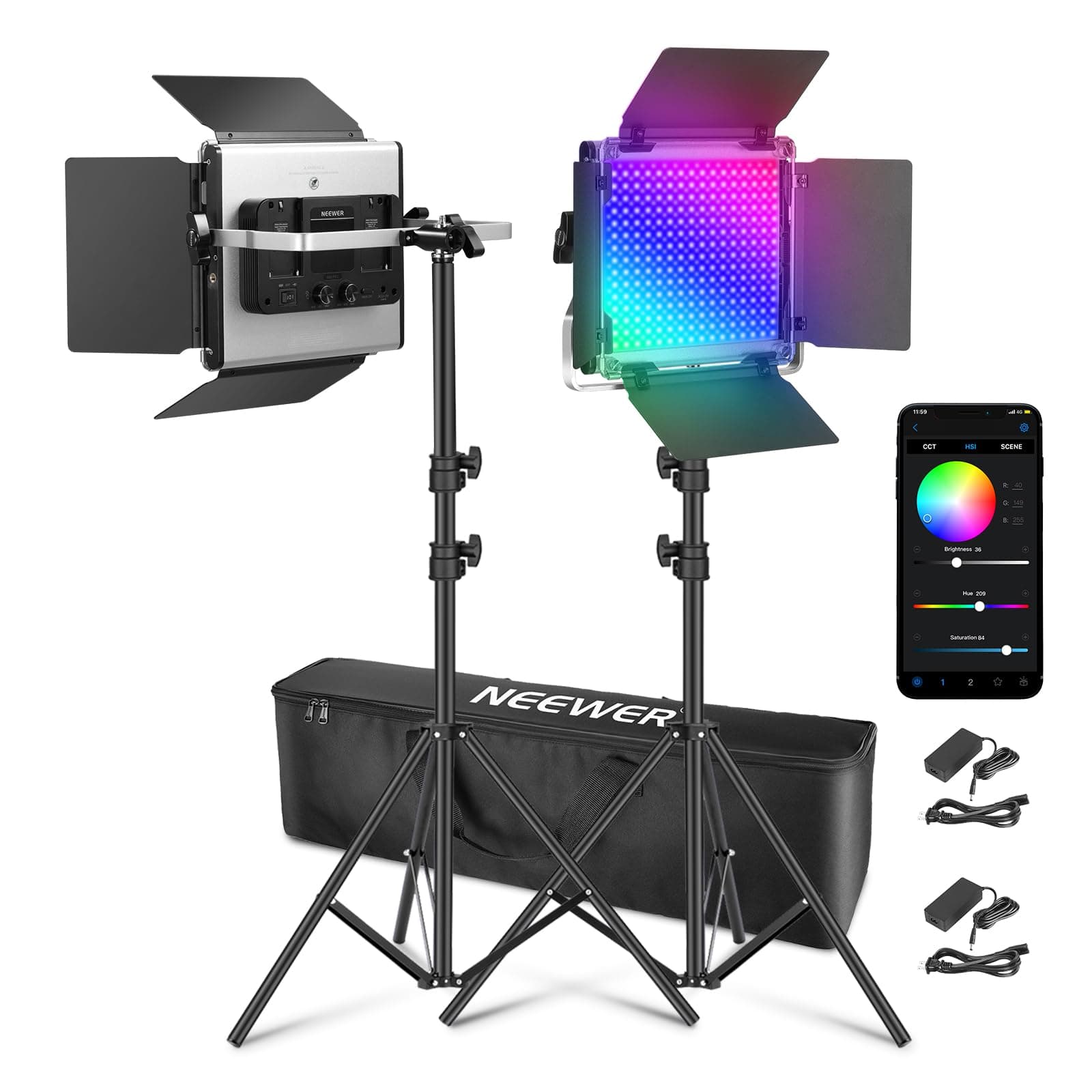 660 PRO II Enhanced RGB LED Video Light Panel with App Control and Support Kit, 2 Pack Constant 50W No Color Change/1% Precise Minimum Dimming/360° RGB/CRI97+/3200K ~ 5600K Streaming