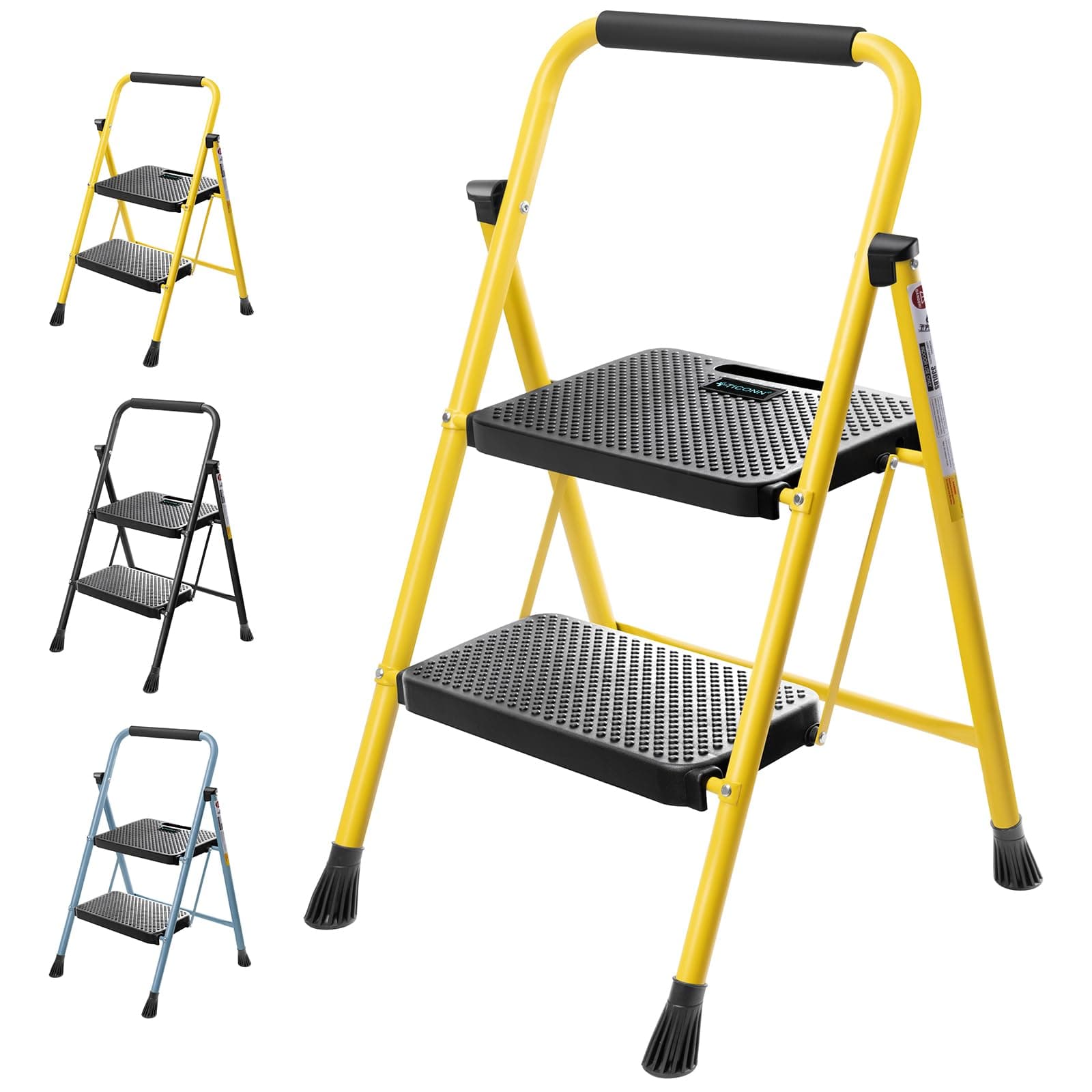 TICONN 2 Step Ladder, Heavy Duty Foldable Step Stool, Portable Steel Folding Stool for Household Garage Storage (Yellow)