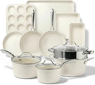 Hammered 15 Piece Pots and Pans Set Non Stick Cookware Set, Pot and Pan Set, Kitchen Cookware Sets, Non Toxic Ceramic Cookware Set, Induction Cookware, Dishwasher Safe, Cream White