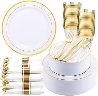 350Piece Gold Dinnerware Set for 50 Guests - Gold Plastic Plates with Disposable Cutlery Include:50Dinner Plates-50Dessert Plates-50Pre Rolled Napkins with Silverware for Wedding