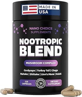 Nano Choice Nootropic Blend - Mushroom Complex Supplement for Brain, Focus, Productivity & Immune Support | Non-GMO, Vegan, Made in USA | 120 Capsules