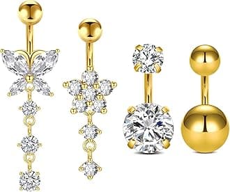 QWALIT Belly Rings - Short Bar Belly Button Rings in Surgical Steel with Opal Stones - 6mm & 10mm