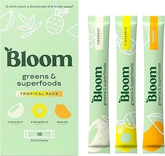 Bloom NutritionSuperfood Greens Powder Stick Packs, Digestive Enzymes with Probiotics and Prebiotics, Gut Health, Bloating Relief for Women, Chlorella, Green Juice Mix, 18 SVG, Tropical Variety