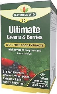 Natures Aid Ultimate Greens & Berries Capsules - Mix of 31 Fruits Berries Vegetables Mushrooms Phytonutrients and Plant Bioactive Enzymes & Amino Acids - Vegan Vegetarian Gluten Free - 60 Supplements