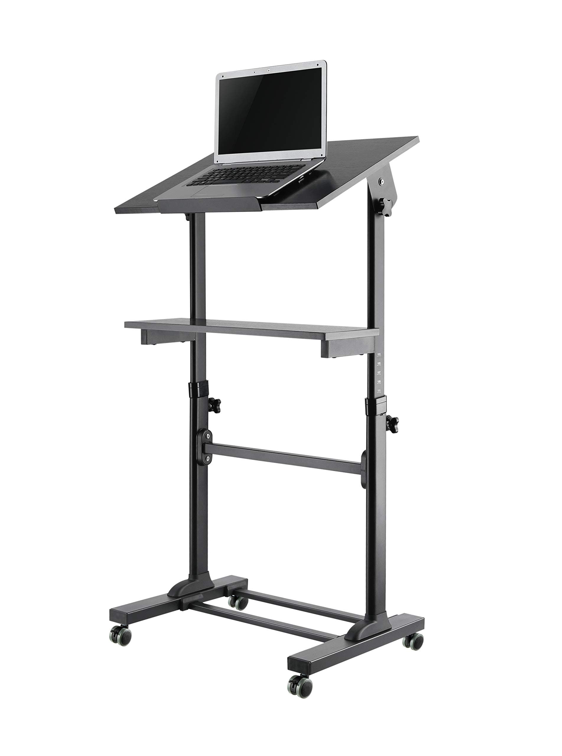 TechOrbits Mobile Standing Desk with Wheels - Height Adjustable, Rolling, Sit Stand Computer Desk w/Top Tilting Table - 17 Inch x 24 Inch x 49 Inch Workstation - Black
