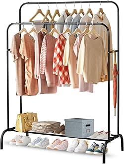 SKY-TOUCH Double-Rail Clothes Rack｜Multifunctional Heavy-duty Clothes Rack｜Metal Freestanding Clothes Rail Garment｜with Lower Storage Shelf｜Hanging Rack Organizer for Bedroom｜Black 110.5 * 50 * 152cm