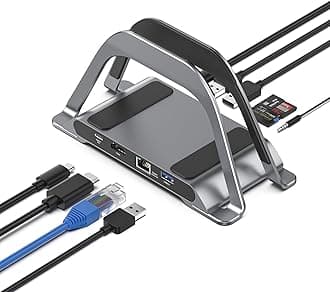 MacBook Docking Station, PULWTOP USB C Docking Station with Vertical Stand Compatible with MacBook Pro and Air, with 4K HDMI, 3 USB, SD/TF, PD3.0, RJ45 Ethernet, Audio, for HP/Dell/Lenovo laptops