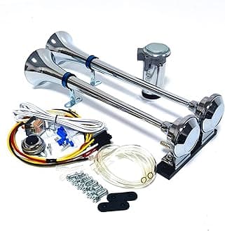 Air Horn Truck Horn 24V Car Horn silver Speaker 165db Chrome Zinc Double tube Trumpet Electric Horn Alarm Horn Loud horn with air pump compressor Car Speaker for 24V car lorry SUV ship etc