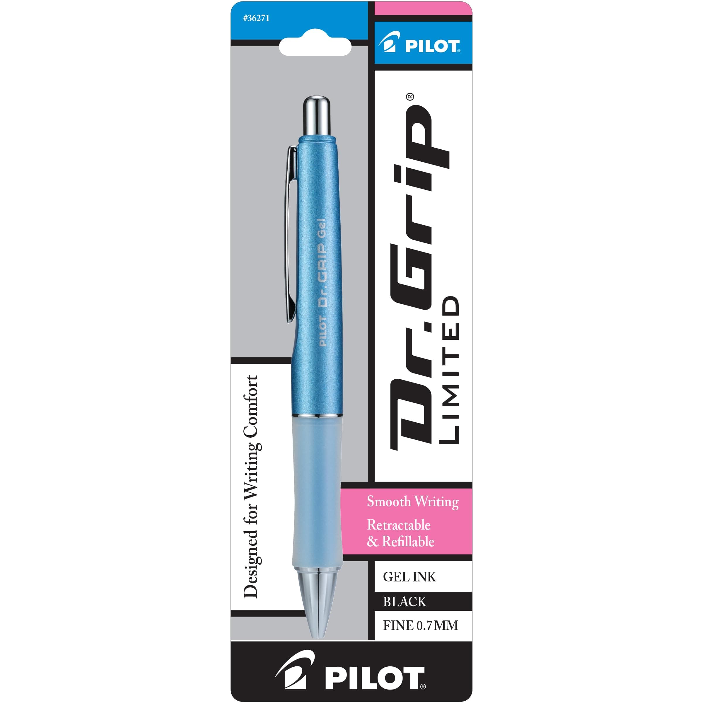 Dr. Grip Limited Refillable & Retractable Gel Ink Rolling Ball Pen, Fine Point, Metallic Ice Blue Barrel, Black Ink, Single Pen (36271)