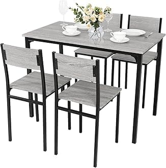 Dining Table and Chairs Set 4, Breakfast Dining Table and 4 Chairs 5 Piece Dining Room Set, Modern Design for Kitchen Home Bistro Patio Garden, Grey