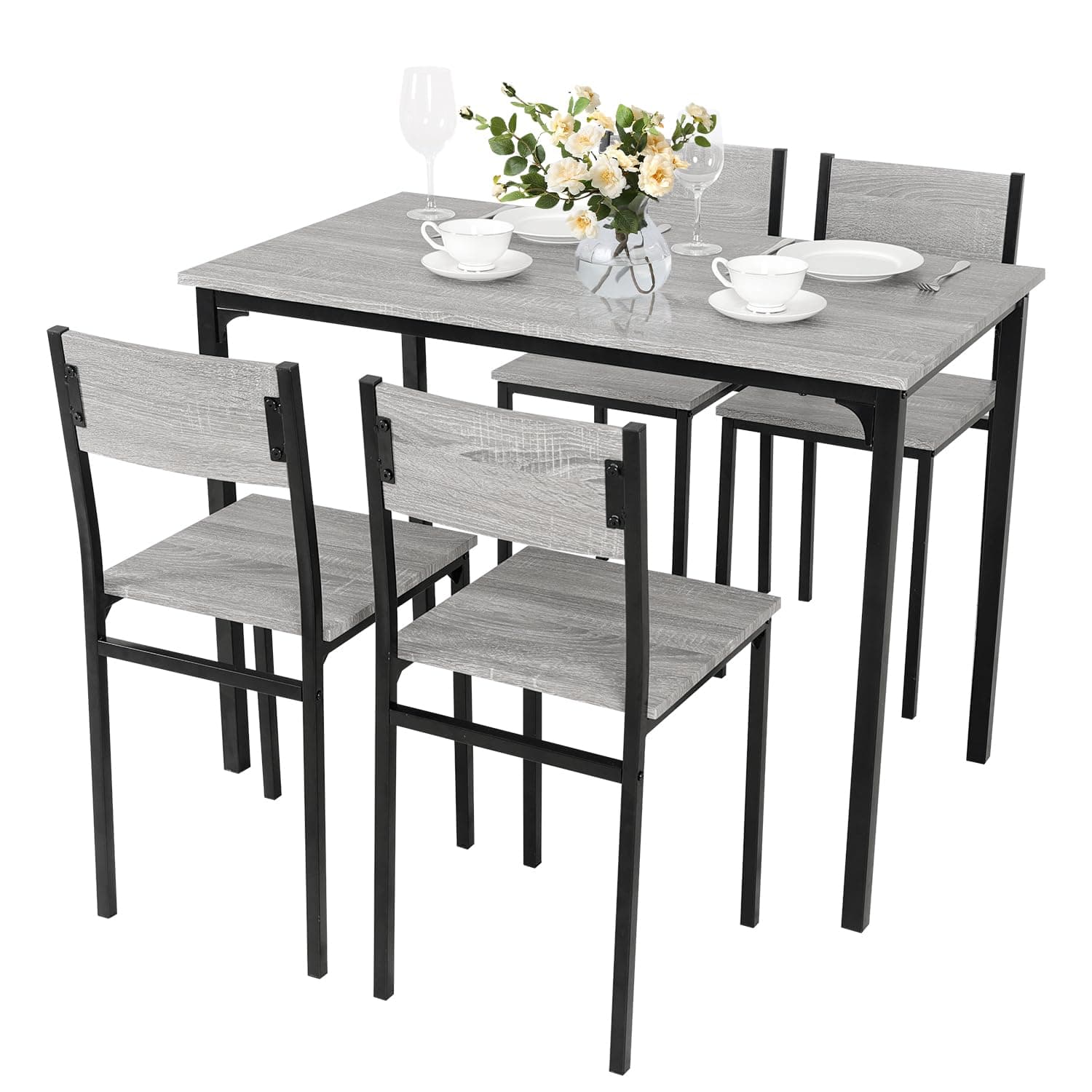Dining Table and Chairs Set 4, Breakfast Dining Table and 4 Chairs 5 Piece Dining Room Set, Modern Design for Kitchen Home Bistro Patio Garden, Grey