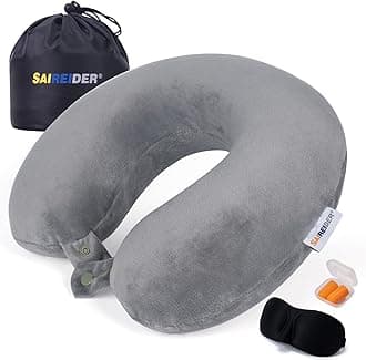 SAIREIDER Travel Pillow 100% Memory Foam Neck Pillow For Airplanes Flight Rest Best Adjustable Travel Neck Support Pillows Medium Comfort Gary
