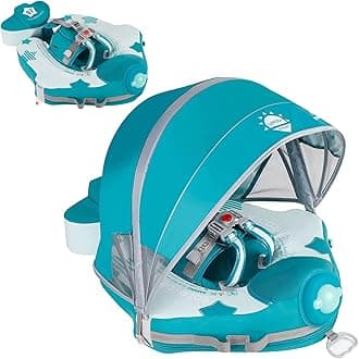 Newest Mambobaby Baby Swim Float with Canopy Non-Inflatable Infant Pool Swim Float Add Tail Solid Water Floats Smart Swim Trainer for Infant Toddler 3-24 Months