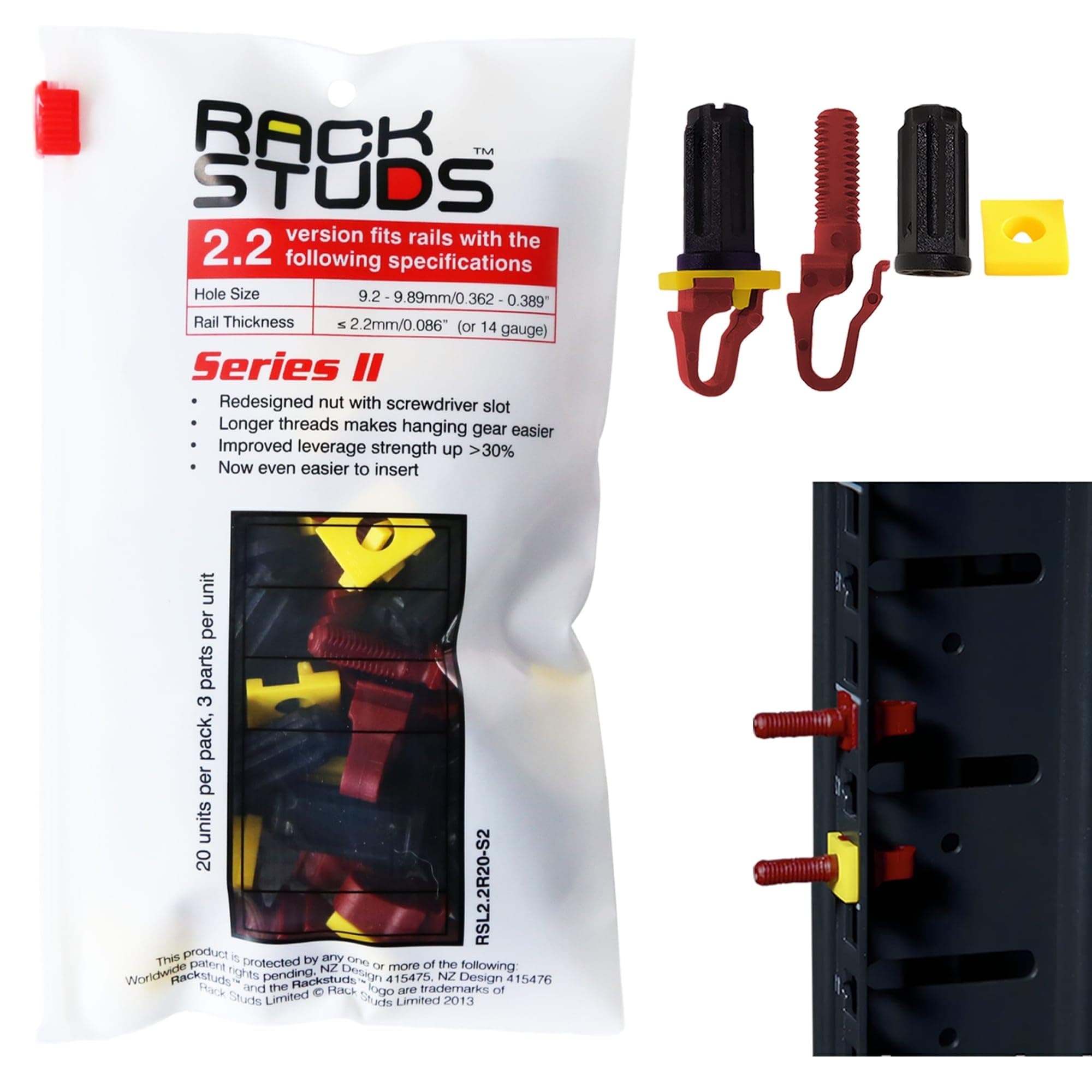 Rackstuds - R20 II - Server Rack Screws for Server Rack Rails 19" Square Punched Vertical Rails, Perfect Cage Nut Replacement, Rack Nuts, Rack Studs Rack Mount Screws - Red 20-Pack 2.22mm/0.086