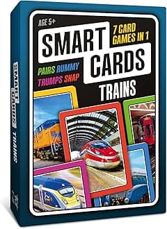 Trains Card Game. 50 Cards, 7 Games; Pairs, Snap, Trumps, Rummy, Train Trivia Facts Quiz. Top Travel Games, Gift, Stocking Stuffer, Age 5+, 1-8 Players