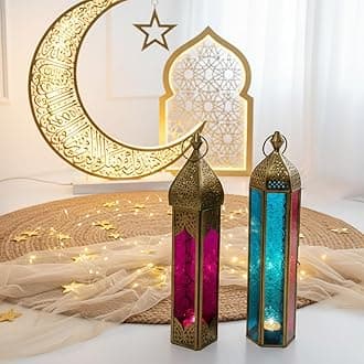 Ramadan Lantern – Metal Candle Lanterns for Decor, Large & Small Arabic candle holder Lantern Set for Indoor Outdoor Fanoos, Ramadan & Diwali Decorations, Balcony & Table (Set of 2)