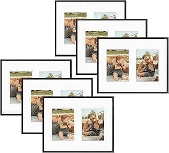 Golden State Art, 7x5 Aluminum Collage Frame, Displays 5x7 Pictures With 2 Openings Mat or One 11x14 Photo, Real Glass, Portrait/Landscape Wall Display, Black, 6 Pack