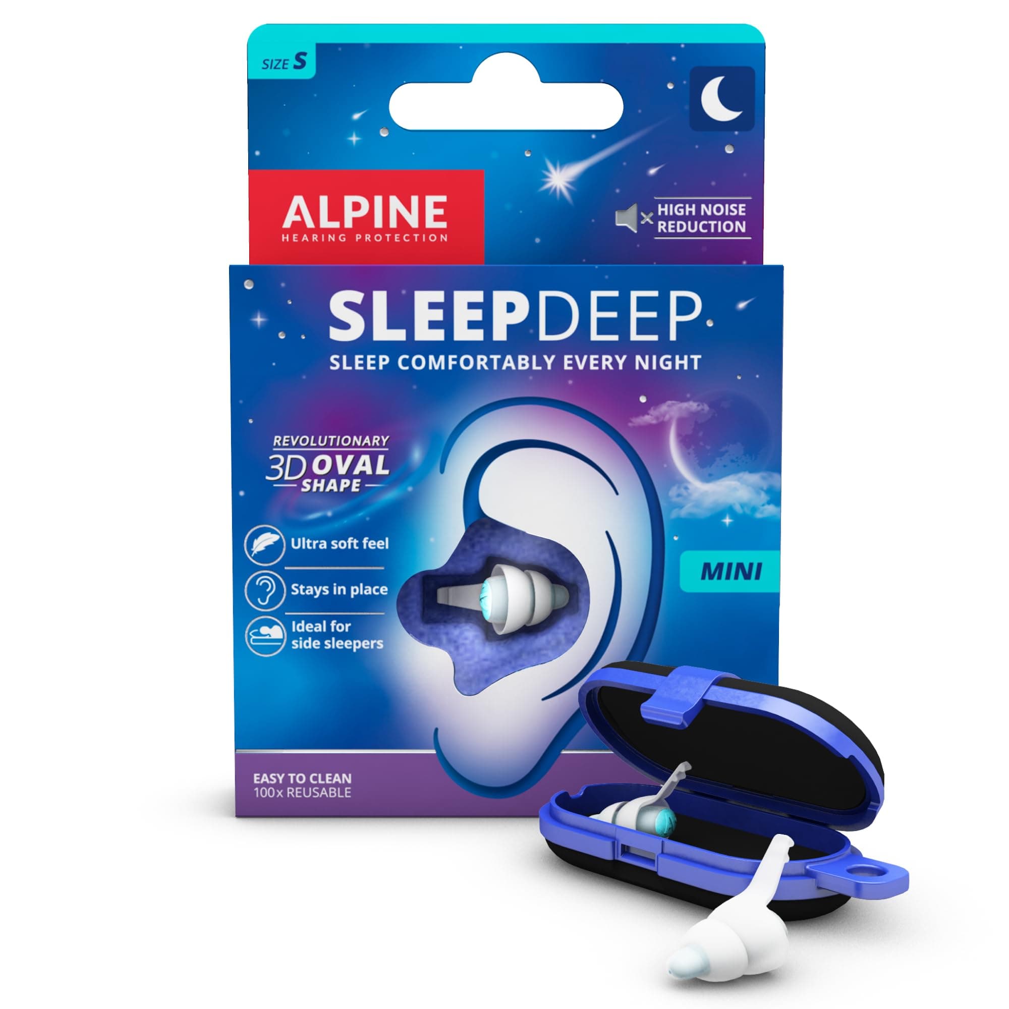 Alpine SleepDeep - 27dB Noise Reducing Ear Plugs - 3D Oval Shape, Soft Core, Blue, Reusable, Size S
