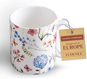 Maison d' Hermine Coffee Mug with Handles Fine Bone China Mugs Pack of One Tea Cups for Hot Beverages Cappuccino Latte Home Restaurant Office Perfect for Gift (Just Floral - Poppies Always, 15 Ounce)