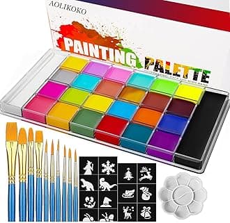 26 Colors Face & Body Paint Palette Kit，Halloween Makeup Kit, face painting kit professional，with 10 Brushes+30 pcs Stickers，Ideal for Halloween Cosplay Party SFX Arty Stage Makeup(26-Colors)