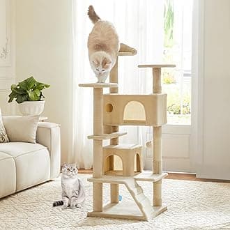 DUMOS 54-inch Indoor Cat Tree Tower –Multi-Level Pet House for Large Cats with 2 Condos, Scratching Posts, Round Platform, Small Ladder, and Toys, Beige