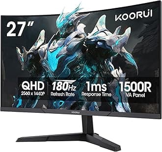 - KOORUI 27 Inch Curved Gaming Monitor QHD (2560 x 1440) 180Hz, 1ms 1500R Display, Adaptive Sync, 90% DCI-P3, HDMI 2.0 & DisplayPort 1.4, VESA, Tilt, Eye Care, 27E6QCA