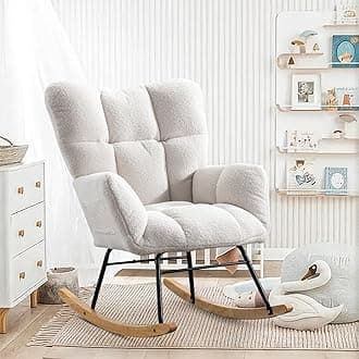 SoarFlash Nursery Rocking Chair Teddy Fabric Glider Chair Upholstered Rocker Accent Armchair with High Backrest and Solid Wood Legs for Nursery Bedroom Living Room Office(White)