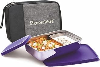 Signoraware Compact Stainless Steel Big Lunch Box with Bag | Two Compartment Tiffin | Airtight & Leakproof | Useful for Travelling & Outdoors | Best for Office & School Use (850Ml + 150Ml | Violet)