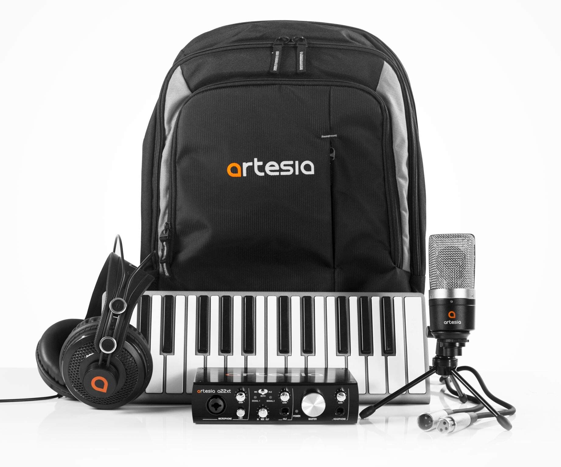 ArtesiaARB-6 Backpack Recording Studio Bundle w/Xkey 25-key MIDI Keyboard & Case + Professional 24-bit USB Audio Interface + Studio Monitor Headphones + Cardioid Condenser Microphone + Backpack