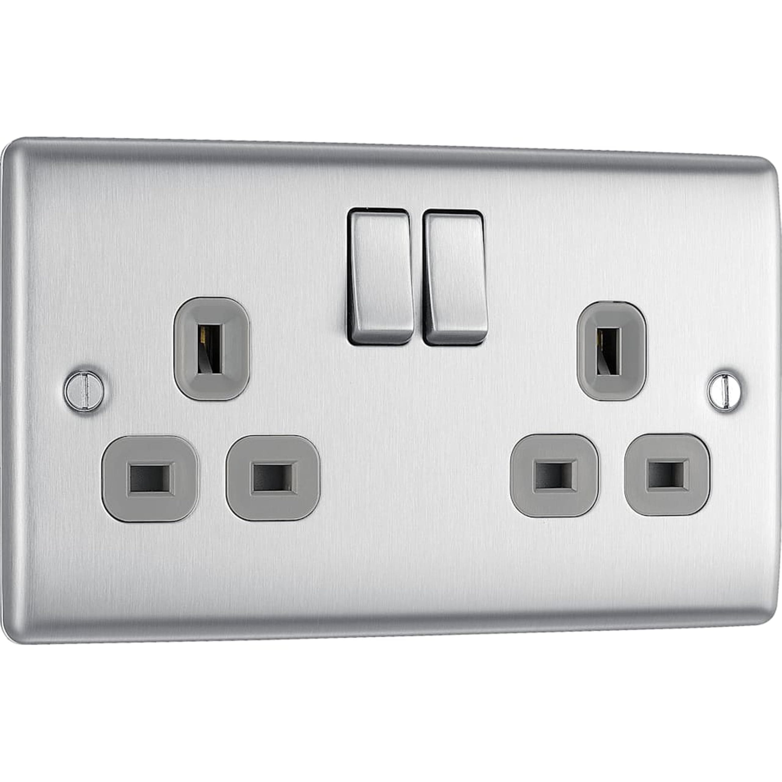 BG Electrical Double Switched Power Plug Wall Socket, Nexus Metal, Brushed Steel, Grey Inserts, 13A, NBS22G