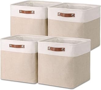 Mangata Collapsible Storage Cube Boxes, 25cm Cube Linen Woven Fabric Storage Baskets with Leather Handles 4pcs (Light Khaki and White)