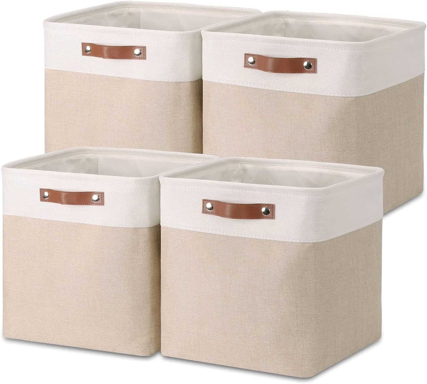 Mangata Collapsible Storage Cube Boxes, 25cm Cube Linen Woven Fabric Storage Baskets with Leather Handles 4pcs (Light Khaki and White)