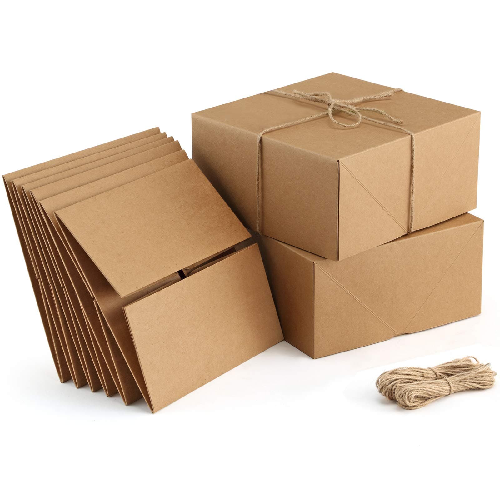 ValBox Premium Gift Boxes 10 Pack 8 x 8 x 4 Brown Paper Gift Boxes with 20 Meters Hemp Rope for Christmas Gifts, Bridesmaid Proposal Boxes, Easy Assemble Boxes