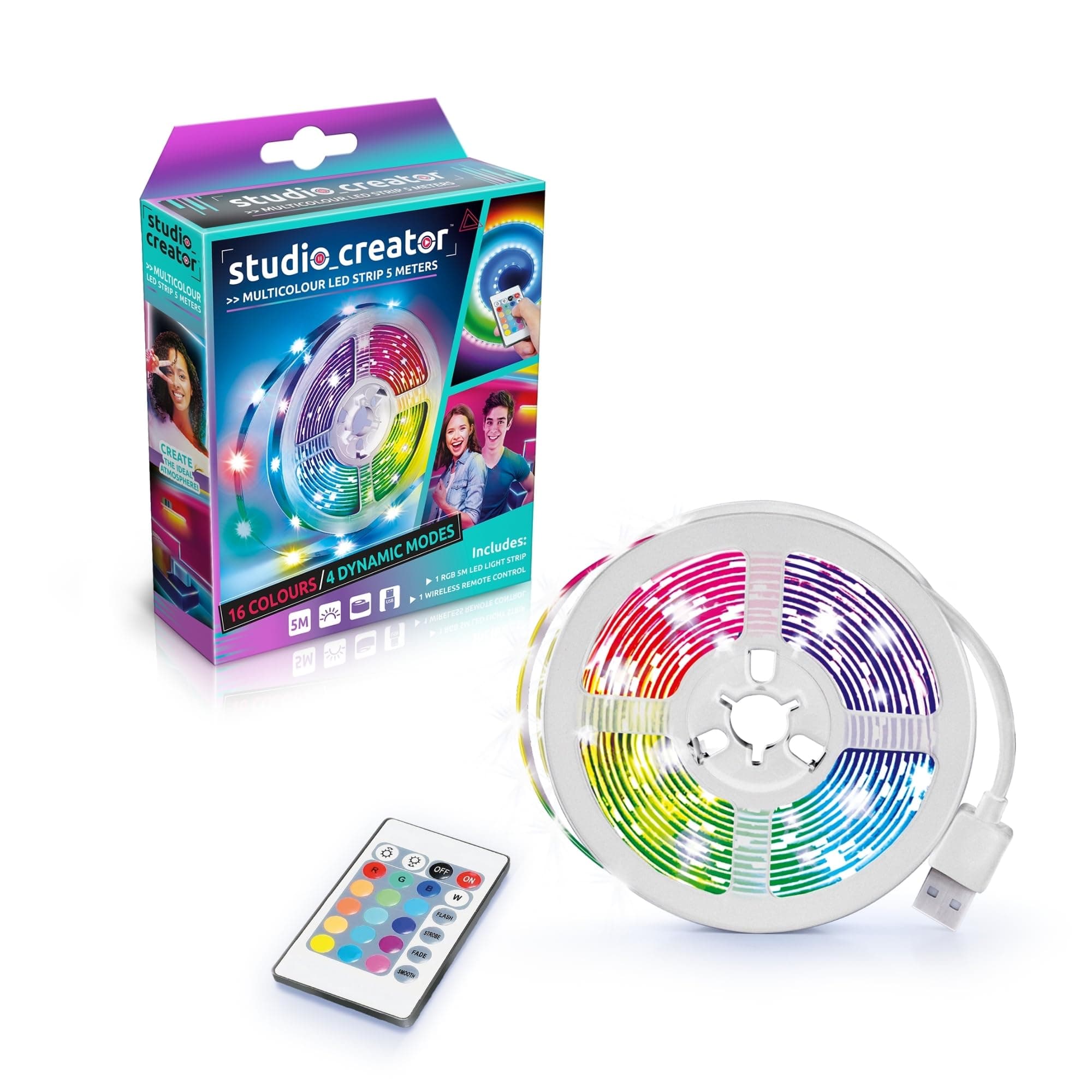 Studio Creator LED Colour Strip Light, Wireless Remote Control Included, 4 Dynamic Modes, 16 Colours, Create Stylish Backrounds, 5 Meter Long, Decorate Your Room