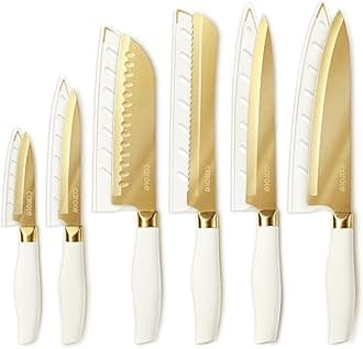 12PCS Kitchen Knife Set, Healthy Gold Titanium Coating Knife Set, Dishwasher Safe with 6 Blade Guards, Rustproof Stainless Steel Cutlery Set, White and Gold