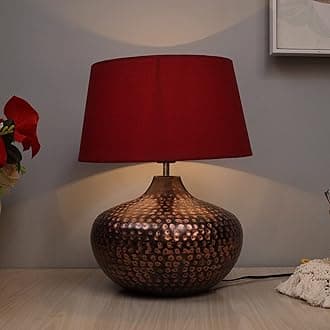 Homesake Antique Table Lamp Incandescent Hammered Oil-Rubbed Bronze Metal Linen Drum Shade For Living Room Family Bedroom, (Gourd, Red)