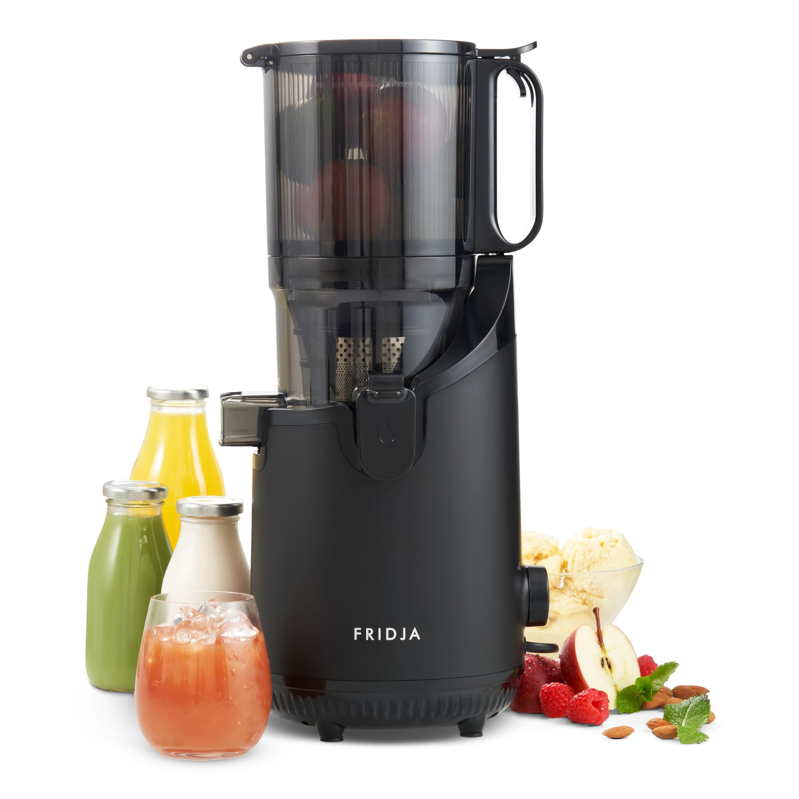 Fridja f2500 Self-Feeding Juicer Machine - Premium Whole Fruit Masticating Slow Juicer - 135mm Feeding Chute, 250W - Cold Press Juice & Nut Milk Extraction - Full-Size - Matte Black [Energy Class A++]