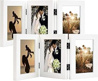 Golden State Art, 4x6 Three Picture Frame Trifold Hinged Photo Frame with 3 Openings, Desk Top Family Picture Collage, with Real Glass (4x6 Triple, White, 2-Pack)