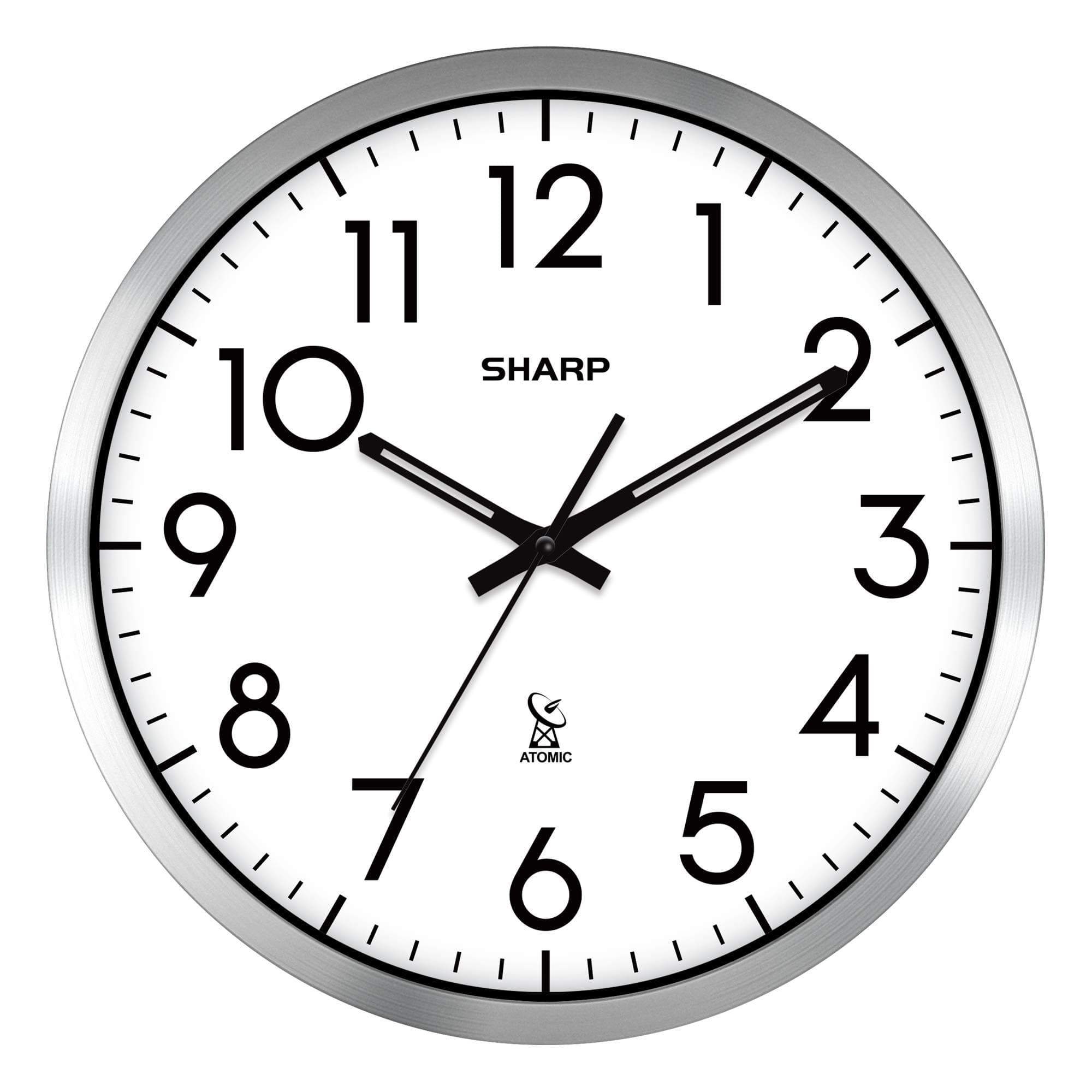 Sharp Atomic Analog Wall Clock - 12" Silver Brushed Finish Sets Automatically- Battery Operated Easy to Read Use: Simple, Style fits Any Decor