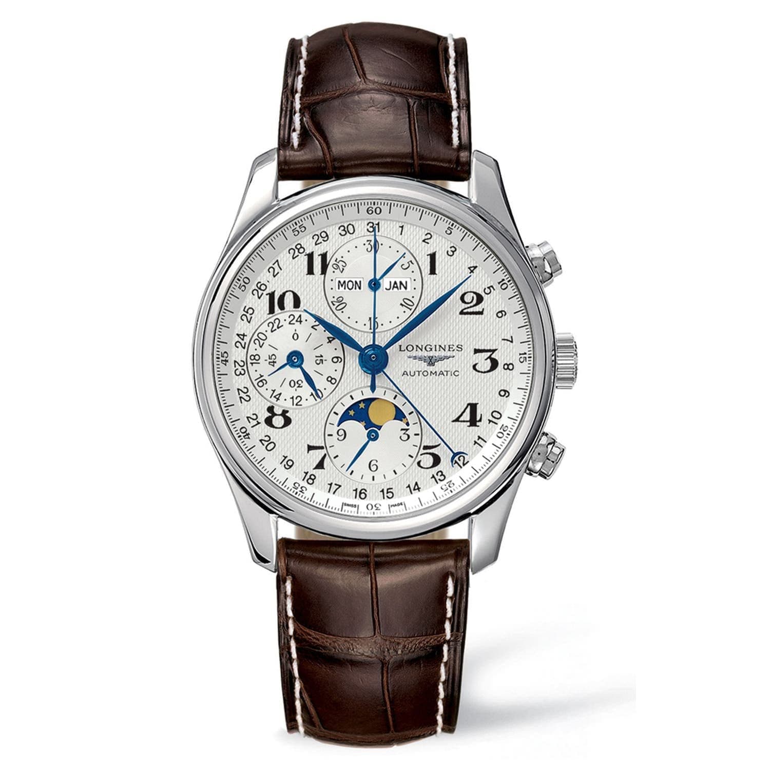 Watches- Longines Master Complications Moonphase Automatic Chronograph Transparent Case Back Men's Watch, Strap