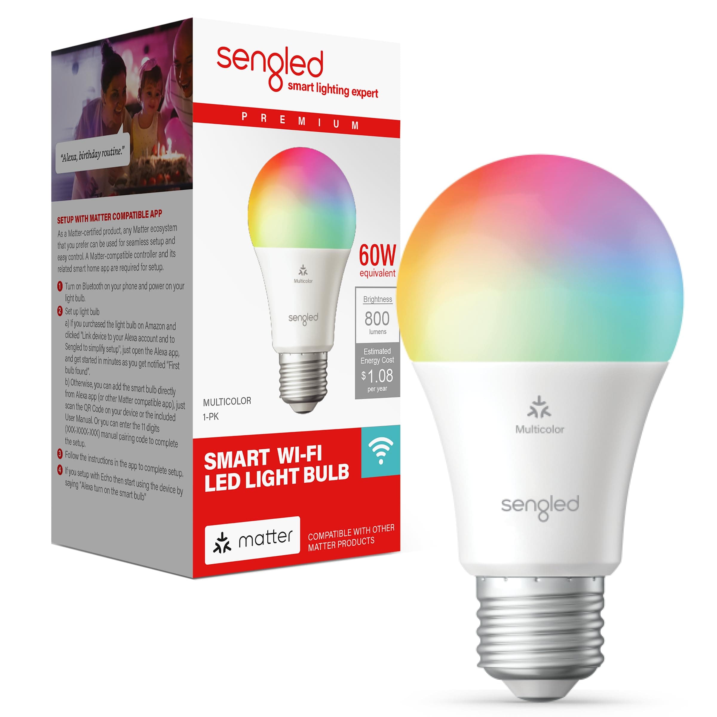 Matter LED Smart Light Bulb (A19), Multicolor, Compatible with Alexa, 60W Equivalent, 800LM, Instant Pairing, 1-Pack
