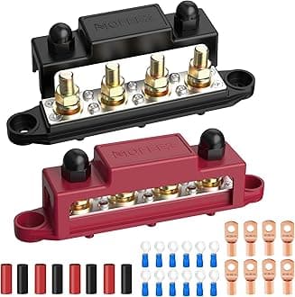 MOFEEZ Power Distribution Block Bus Bar, 4 x 5/16" Post Marine Bus Bar Battery Busbar Terminal Block with Cover, Lugs, Ring Terminals (Pair, Red & Black)