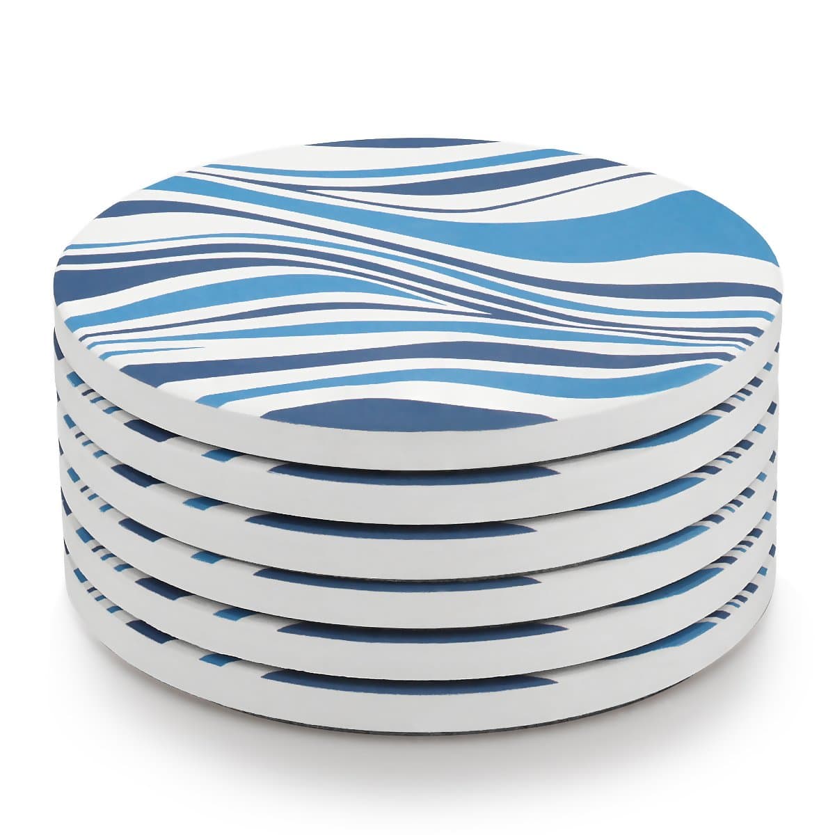 Absorbent Stone Coasters - 6 Packs Ceramic Coaster Set for Drinks, Blue and White Irregular Stripes Style